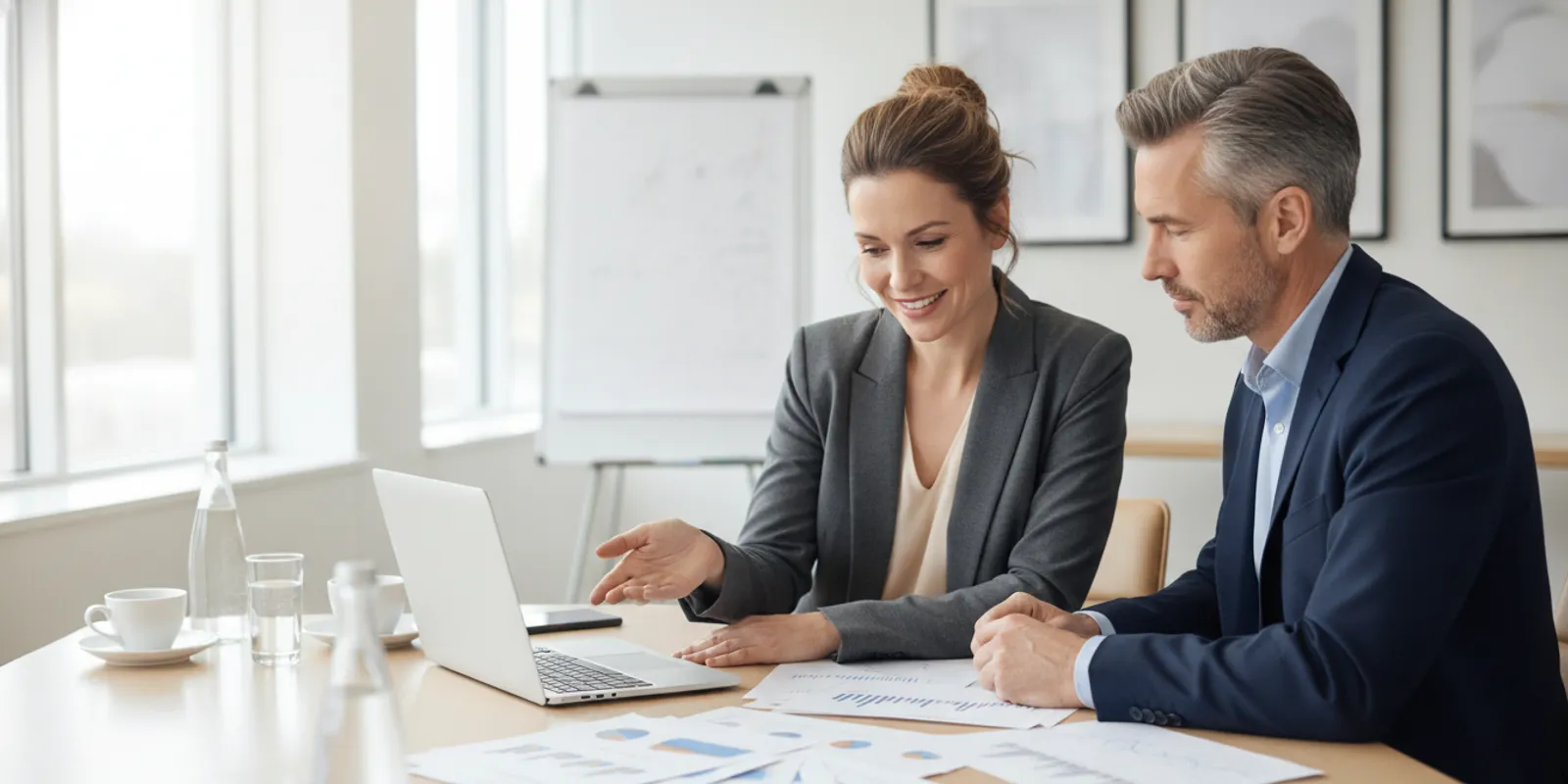 Business owners reviewing financial reports with an accounting professional at a table