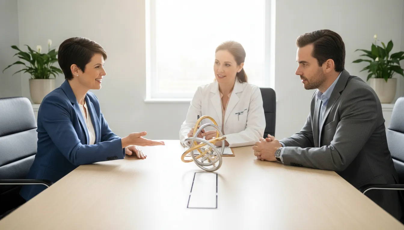 Physician and practice manager reviewing practice finances with a financial advisor in a medical office