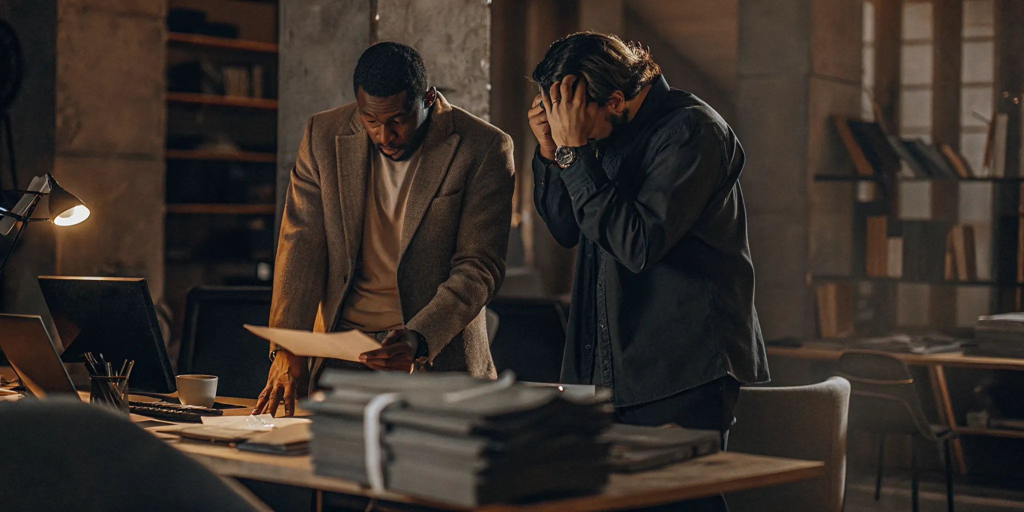 Small business owner looking frustrated while sorting through printed QuickBooks reports and disorganized receipts