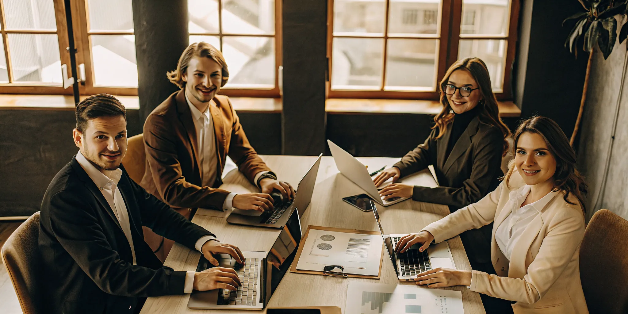 CPA team collaborating over financial documents and laptops in a bright modern meeting room