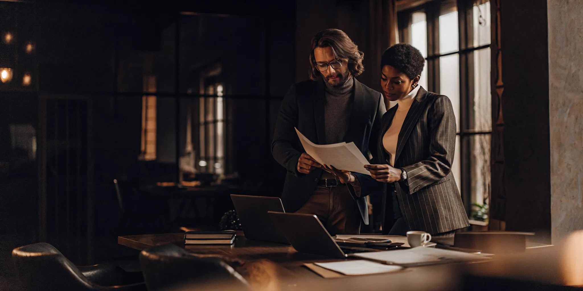 CPA and law firm partner reviewing financial documents in modern office setting