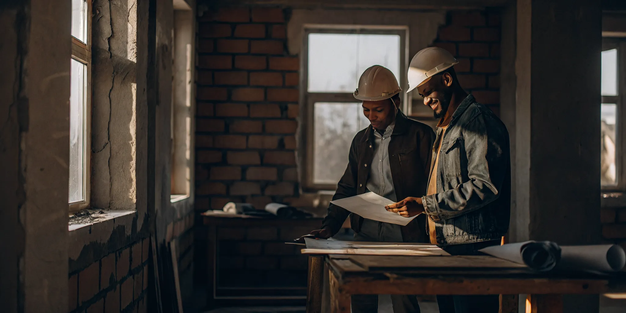 Two construction project managers reviewing financial reports and job cost sheets at a construction site office