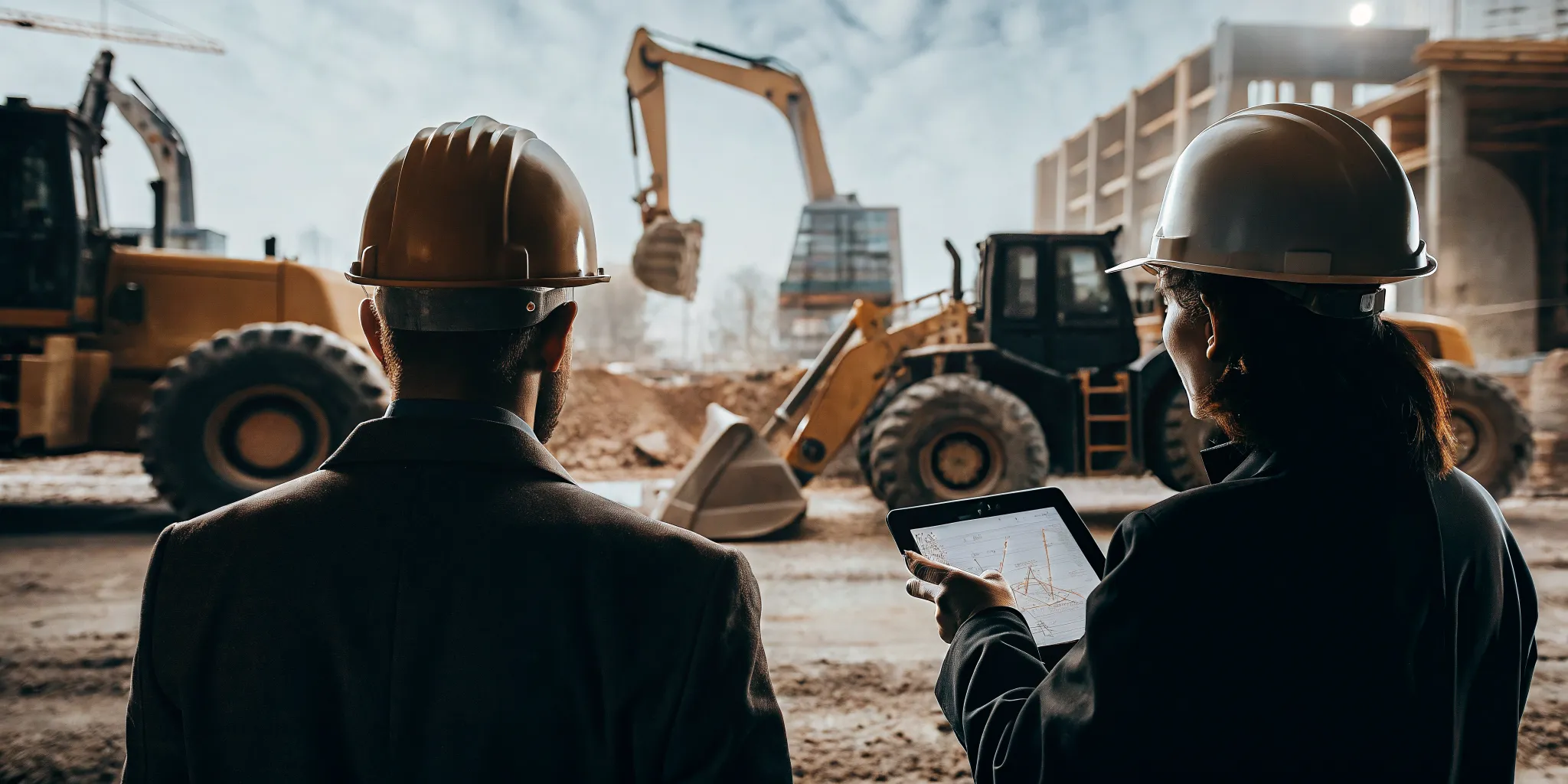 Construction site with heavy equipment and a professional accountant reviewing project budget data on a tablet