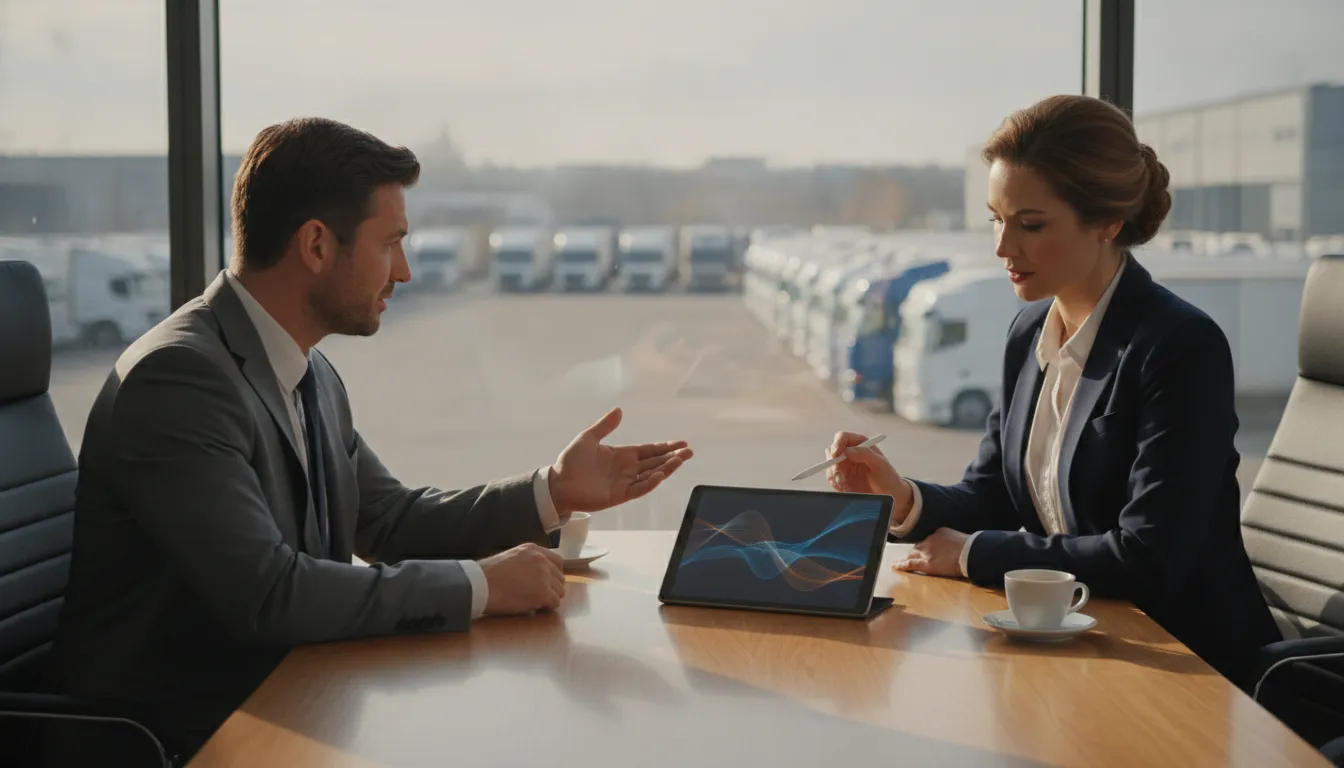 Fleet owner and transportation logistics accounting advisor reviewing vehicle performance