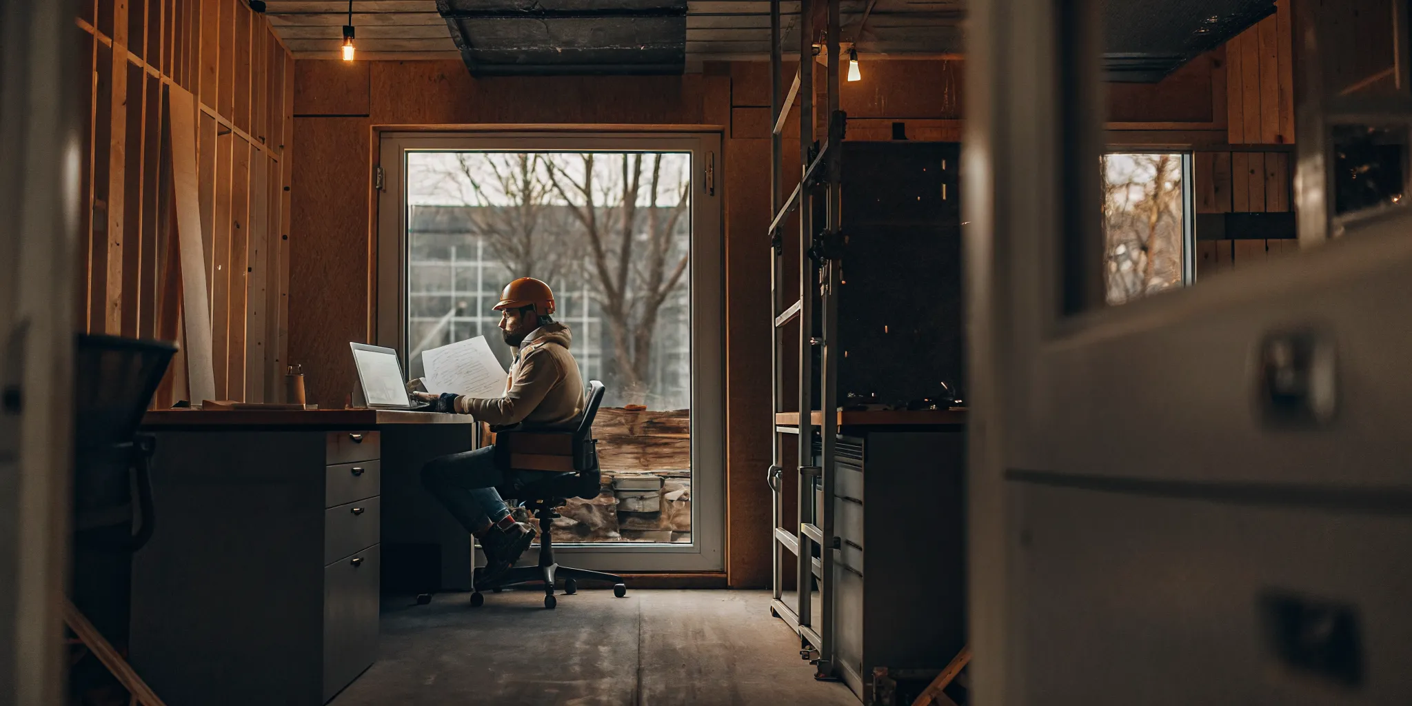 Construction contractor reviewing blueprints and financial job costing reports at a job site office