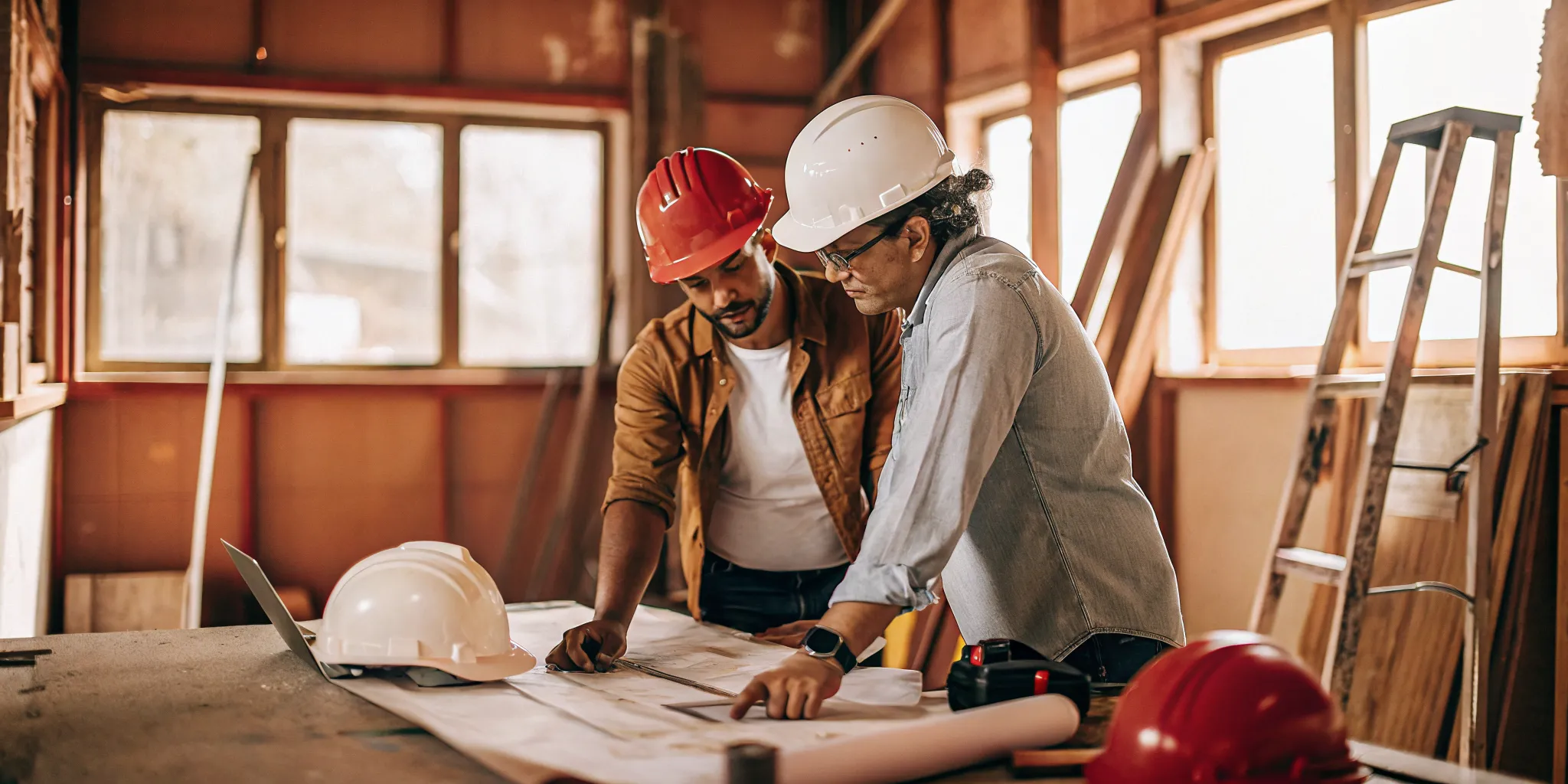 Construction project manager and CPA reviewing job cost reports and financial documents at a job site table