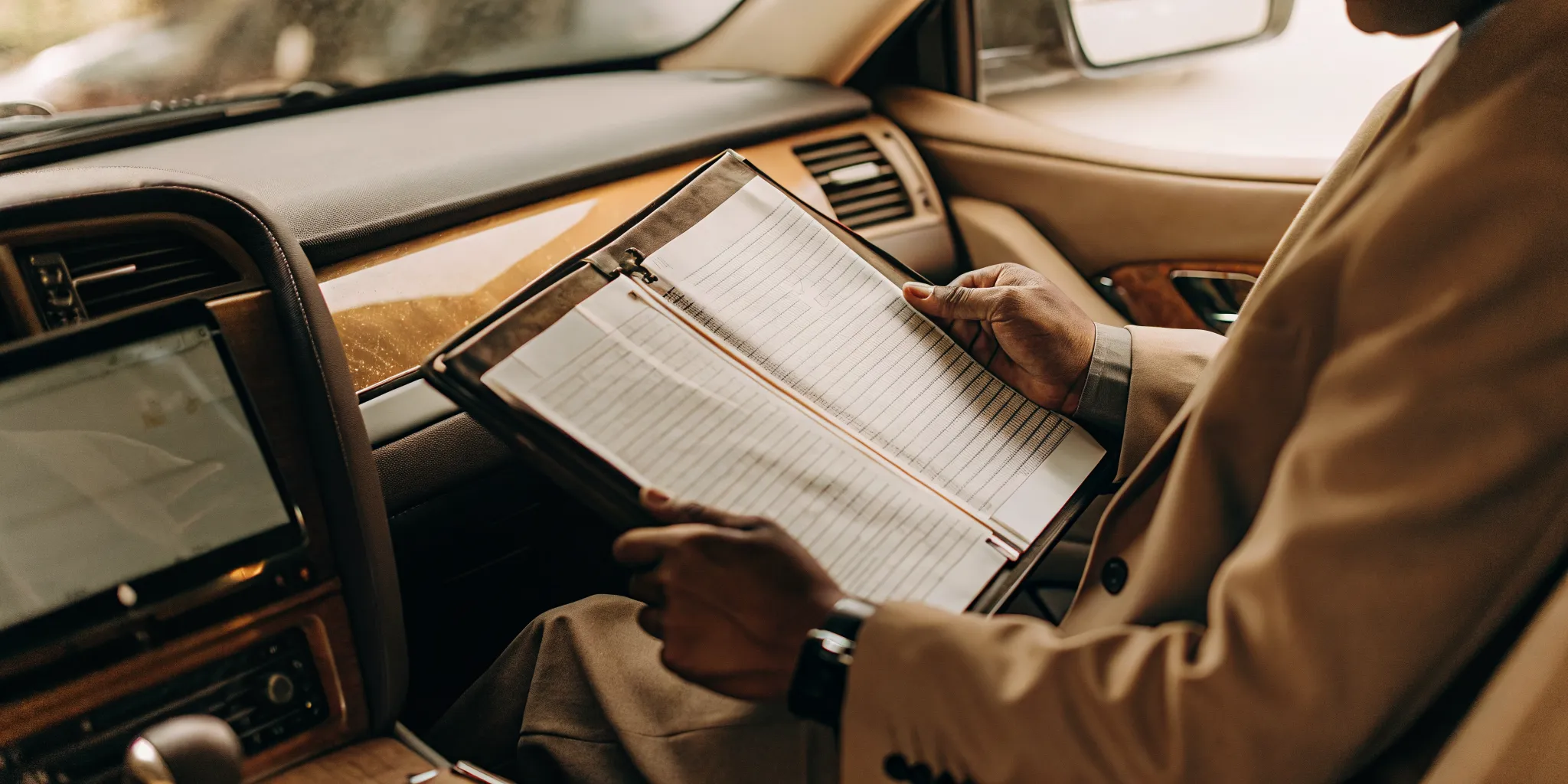 Business owner reviewing mileage and vehicle expense records on a tablet