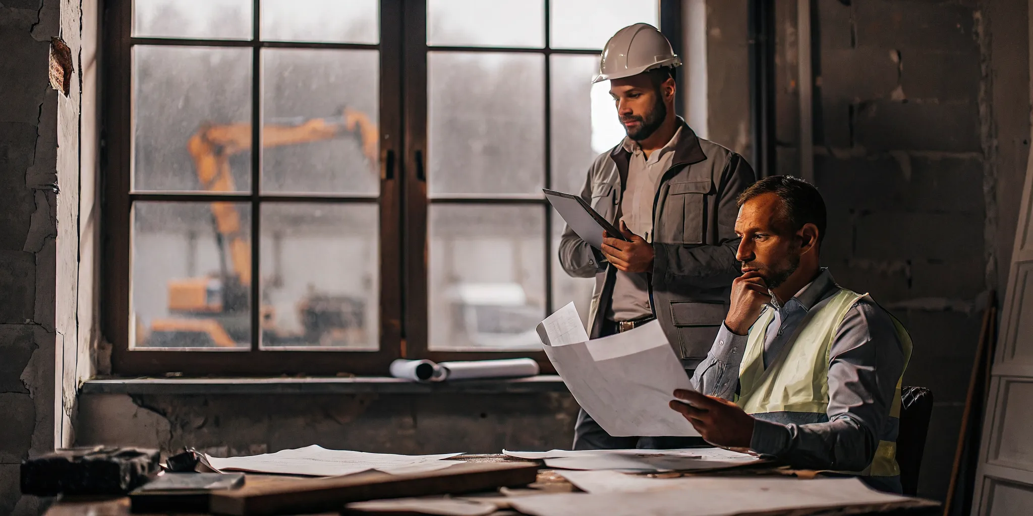Construction accountant reviewing certified payroll documents with a safety-vested worker in a site office