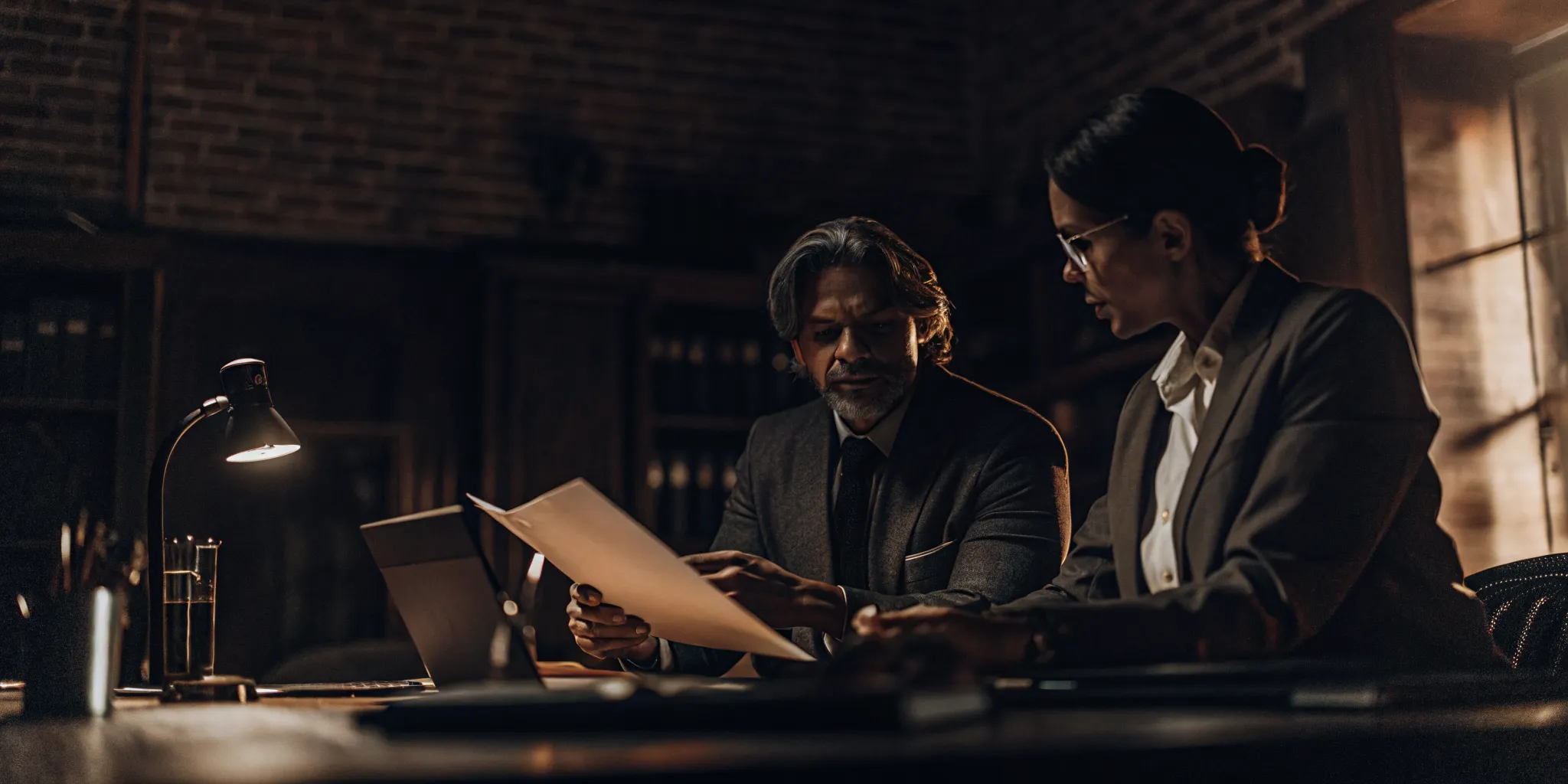 CPA and lawyer reviewing trust account reconciliation documents together in a professional office