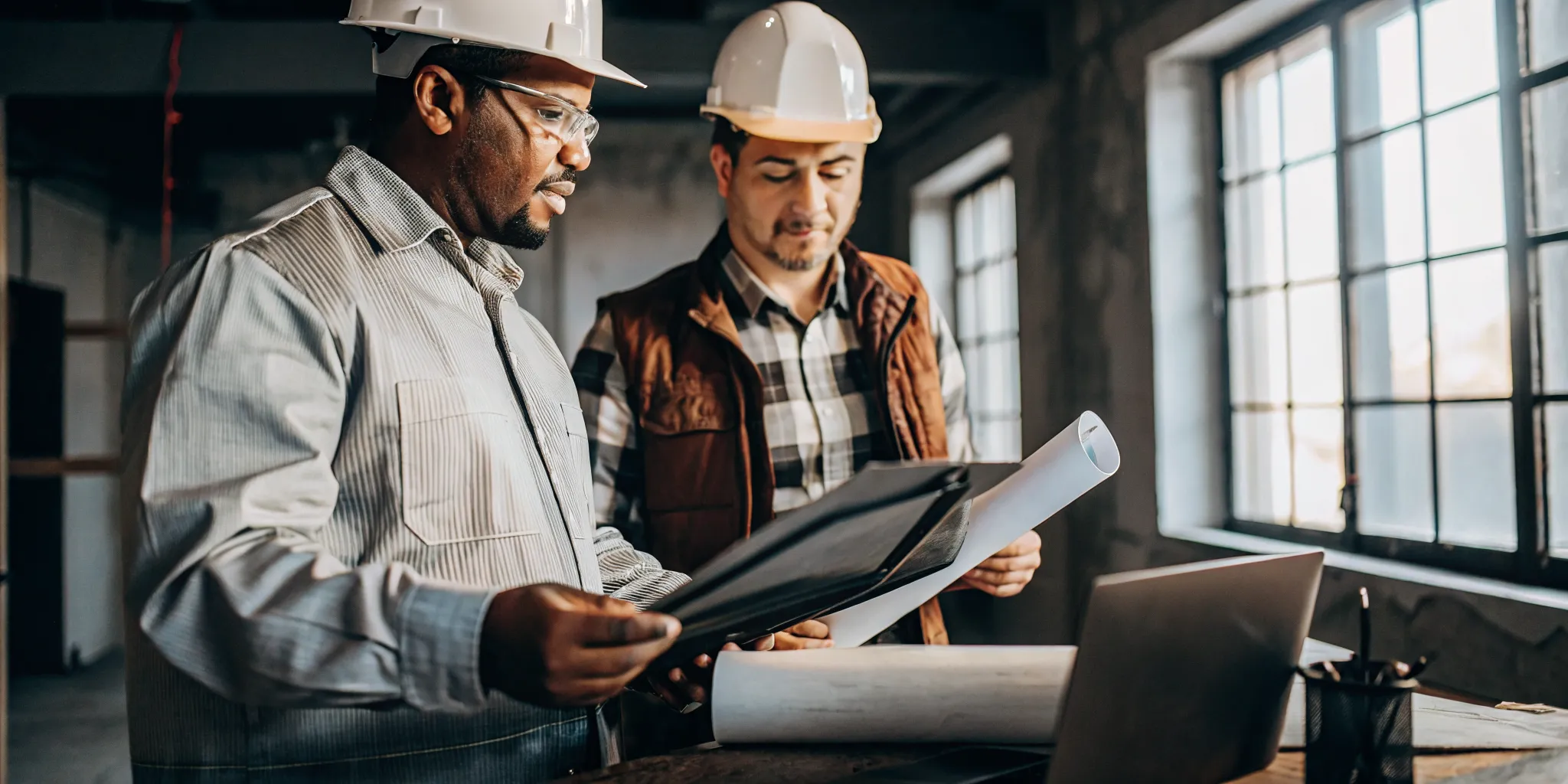 Construction contractor meeting with tax accountant reviewing Section 179 equipment deduction documents