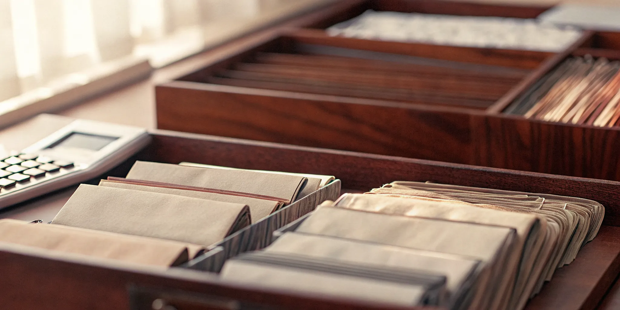Organized tax folders, bank statements, receipts, and calculators on an office desk prepared for an IRS audit review