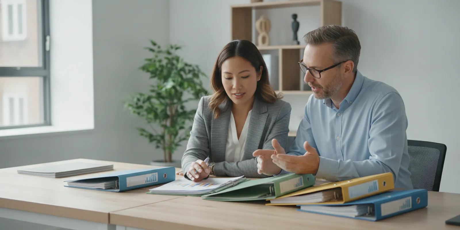 Small-business owner reviewing tax documents with an accounting professional at a desk