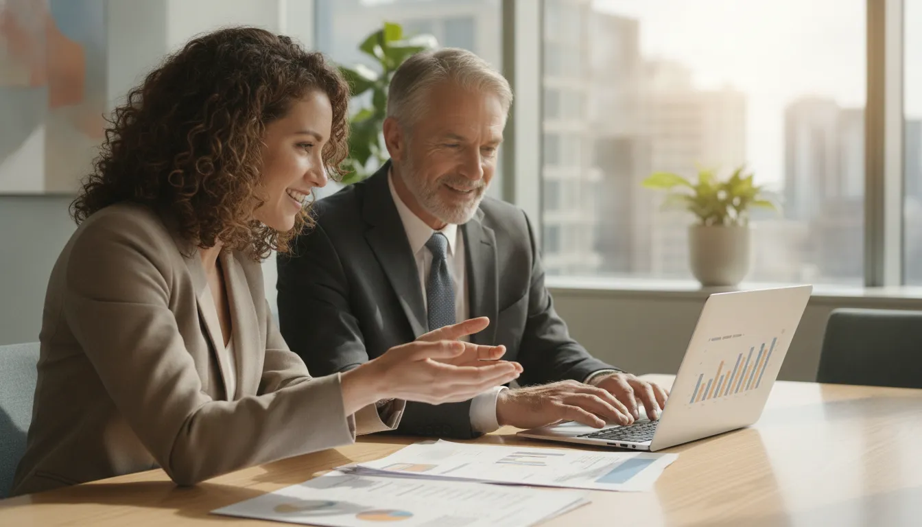 Business owner and financial advisor reviewing an outsourced controller dashboard