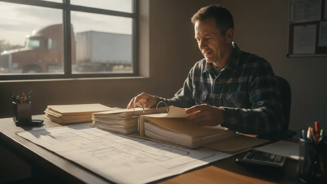 Owner-operator reviewing trucking business records and cash flow