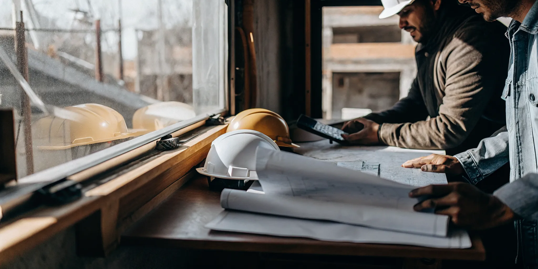 Construction project manager reviewing blueprints and financial documents at a job site
