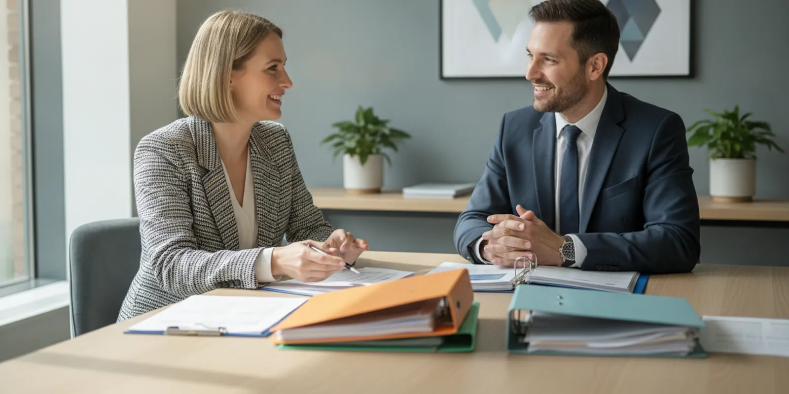 Business owner discussing tax documents with an advisor in a bright office