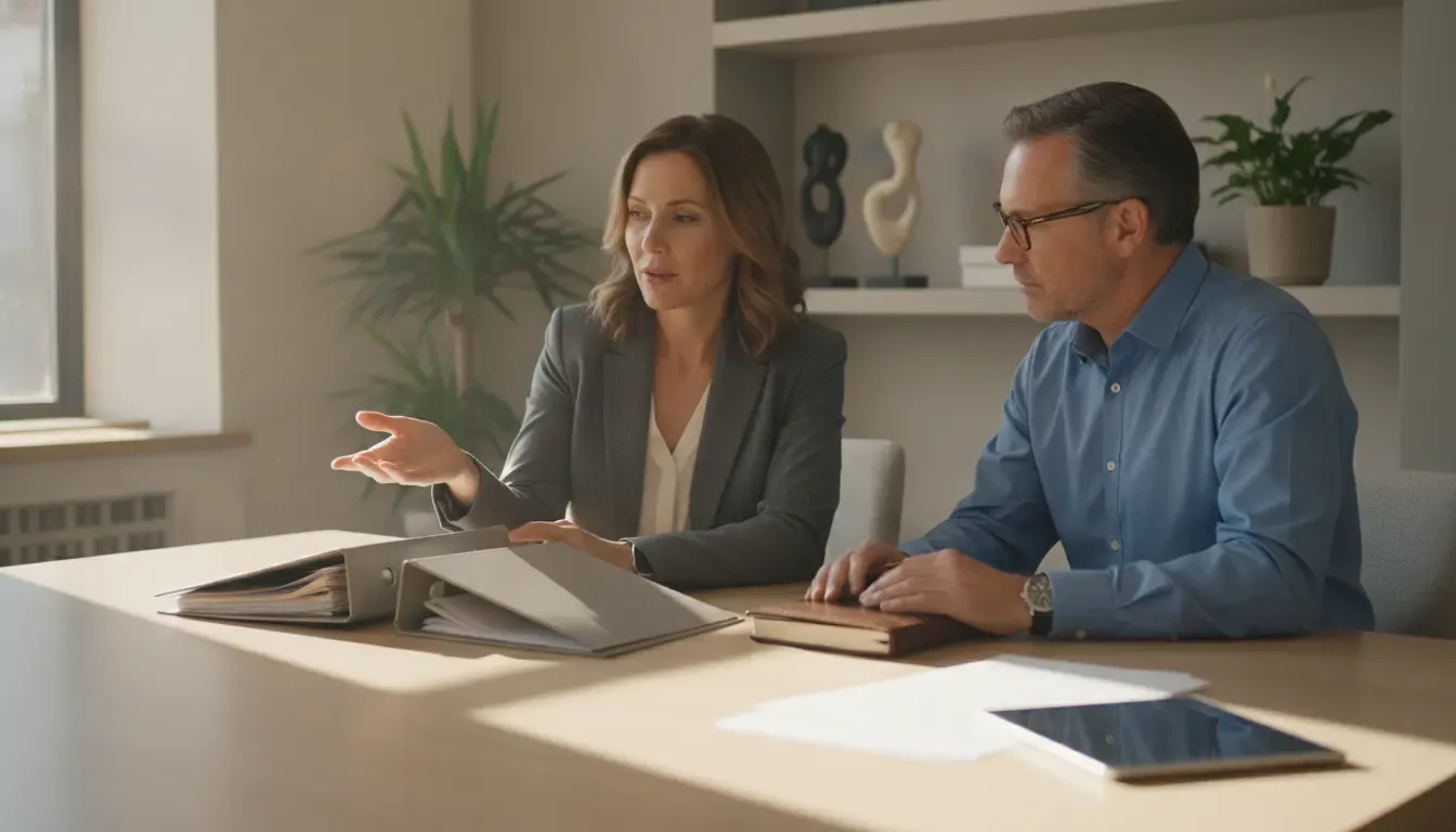 Business owner reviewing organized tax preparation records with an advisor