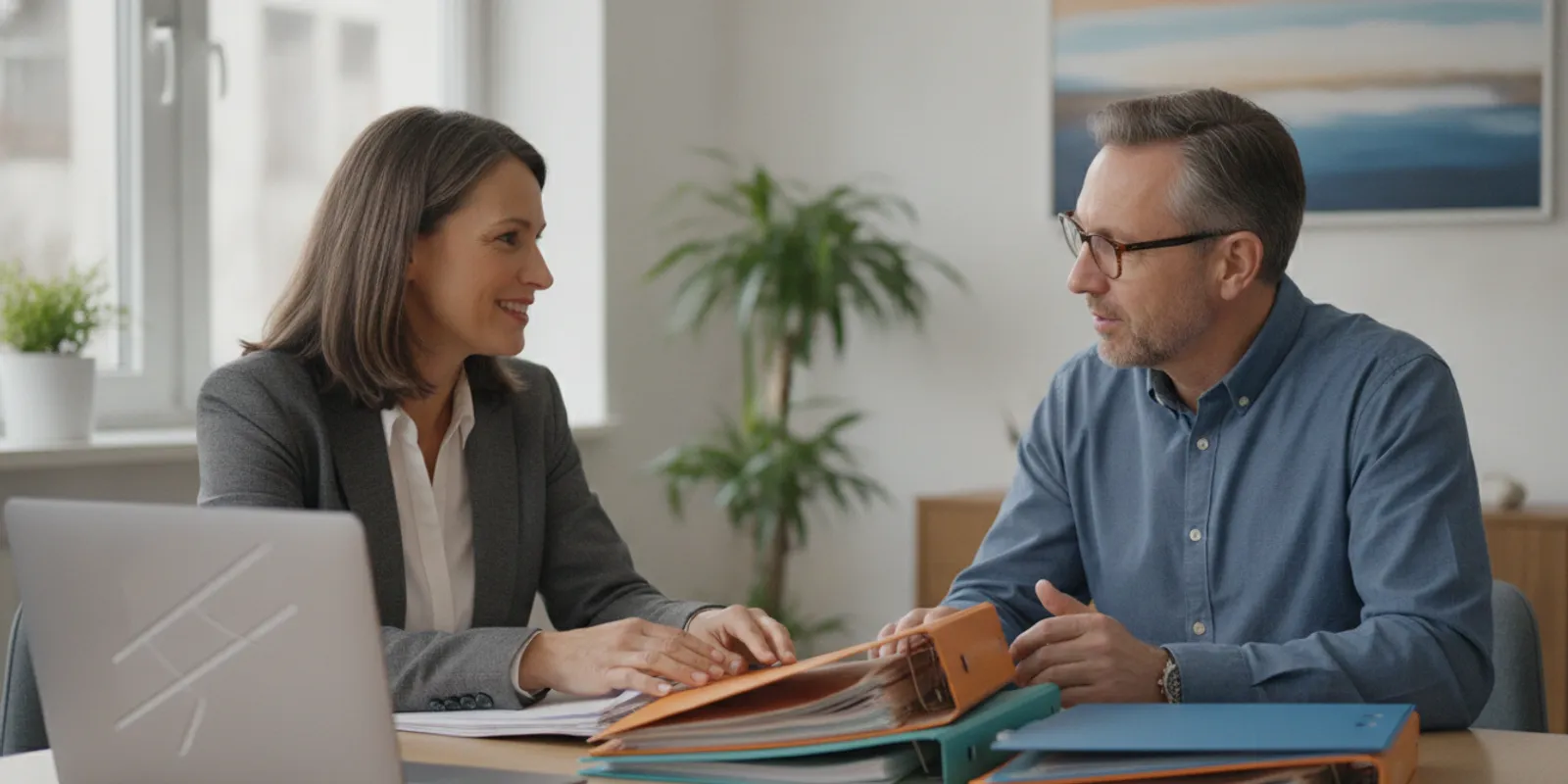 Small-business owner reviewing tax documents with a professional at a desk