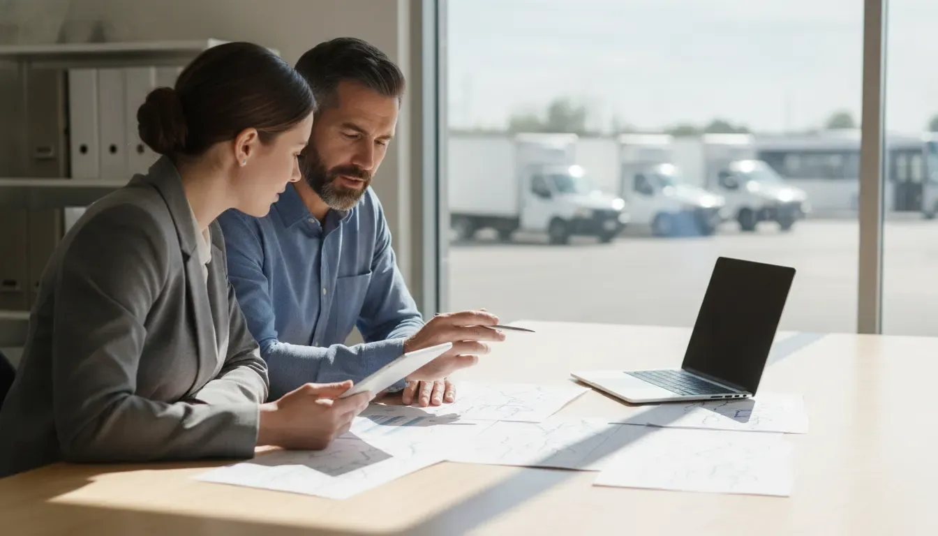 Transportation accounting advisor reviewing fleet operations with a business owner