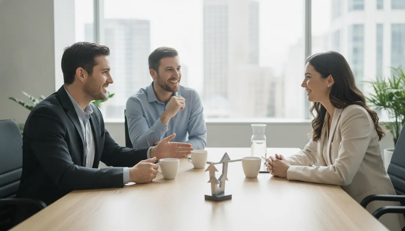 Business owners meeting with a financial advisor to plan growth strategy in a bright modern office