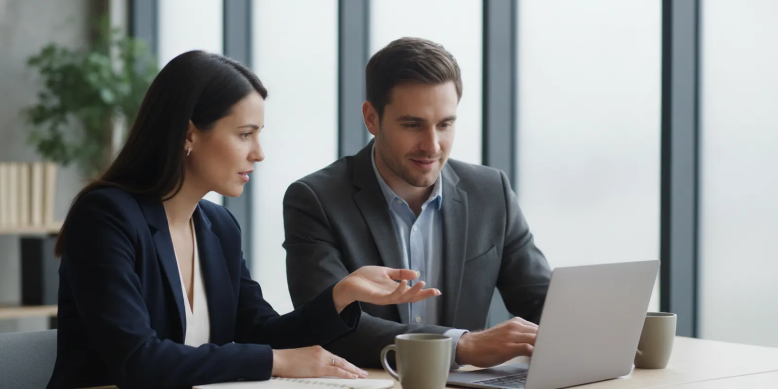 Small business owner reviewing accounting reports with an advisor at a laptop