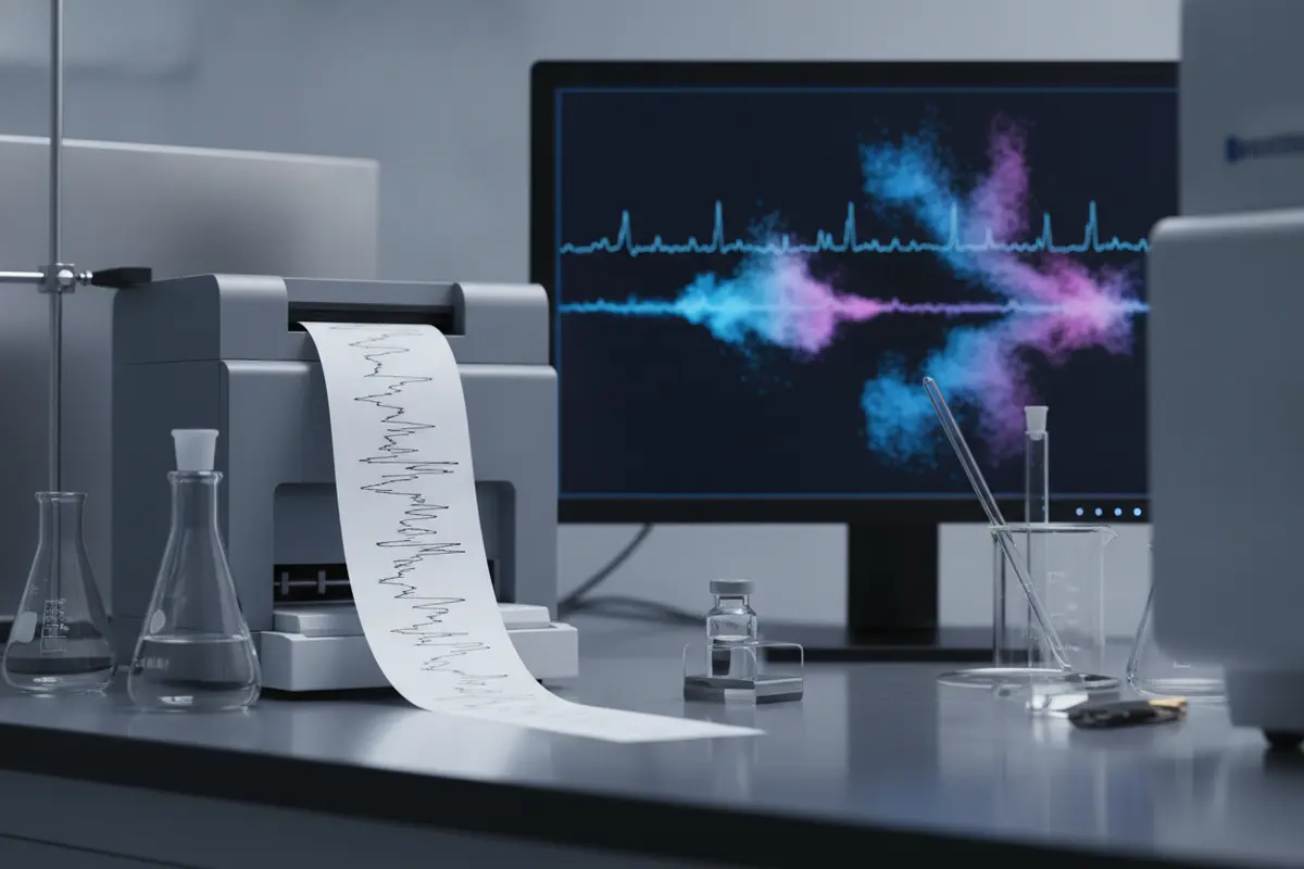 Chromatogram and mass spectrometry records being reviewed beside a research vial
