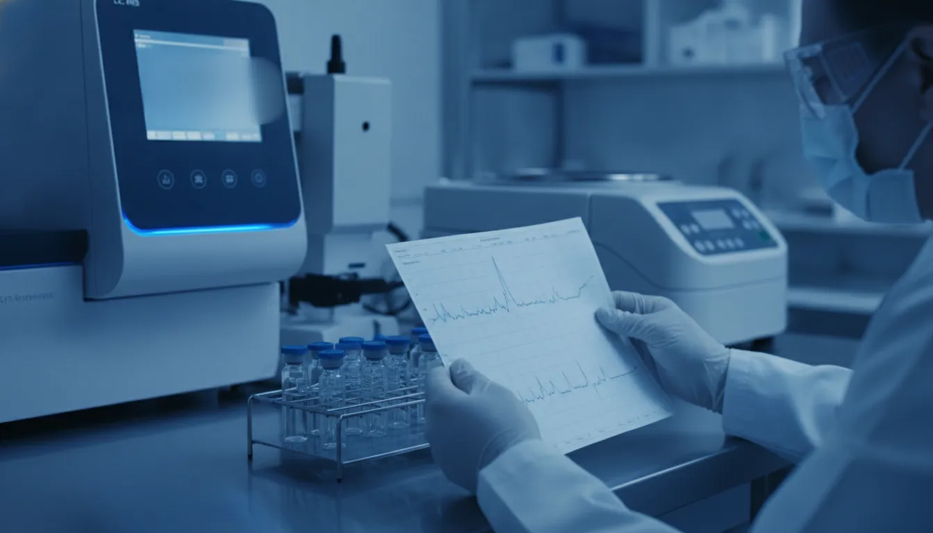 Researcher reviewing COA and HPLC data for peptides for sale