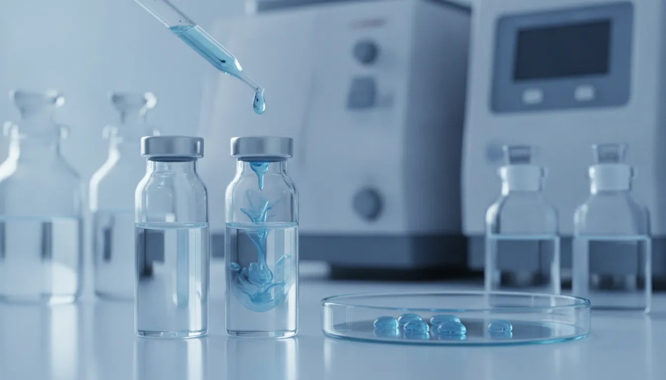 Laboratory vials and analytical research setting for peptide conjugate characterization