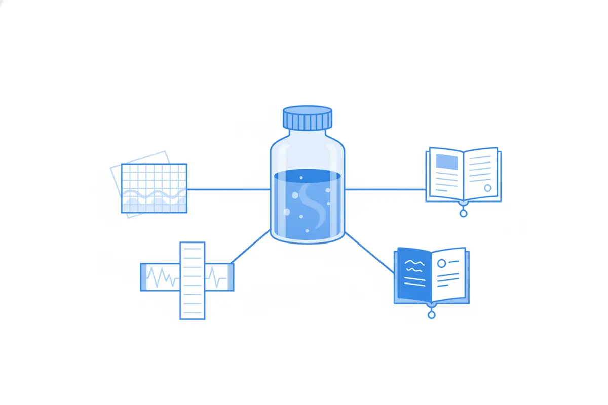 Diagram showing links among a research sample label, batch record, COA, and study file