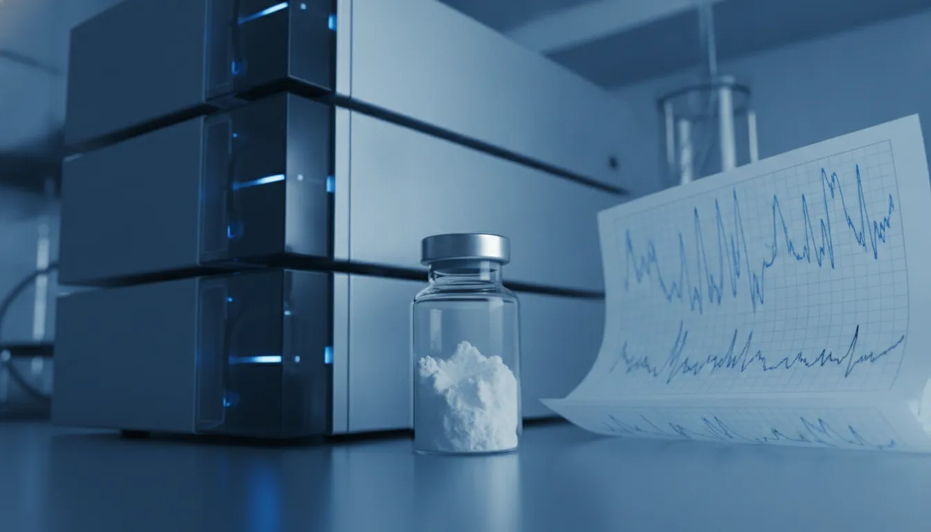 DSIP peptide vial beside HPLC testing equipment