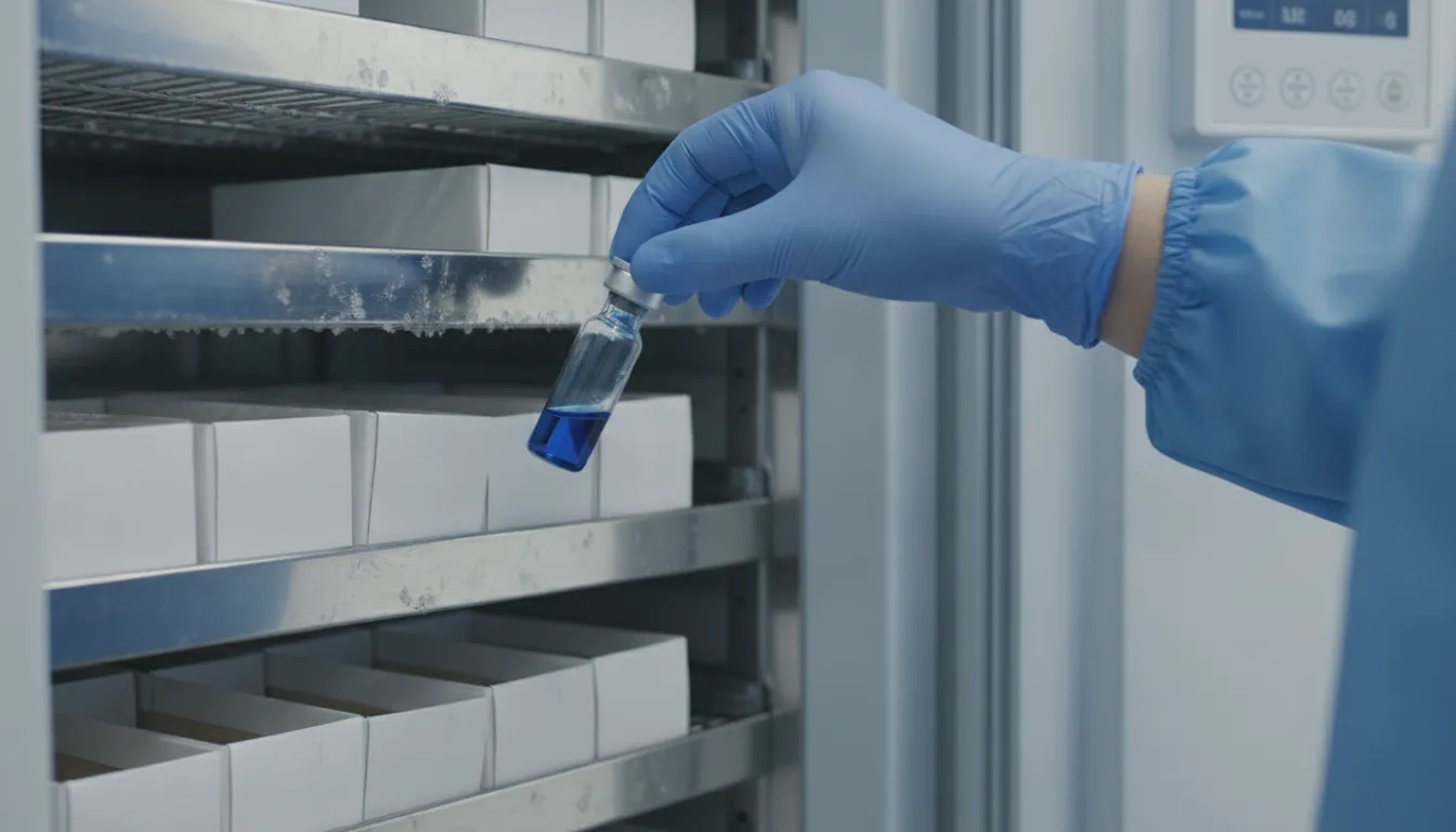 GHK-Cu peptide vial in controlled laboratory cold storage