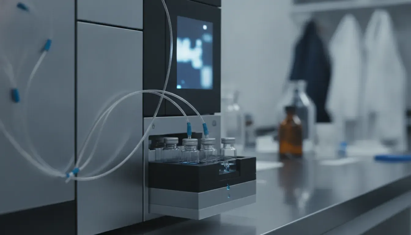 HPLC instrument and sample vials used for peptide purity review