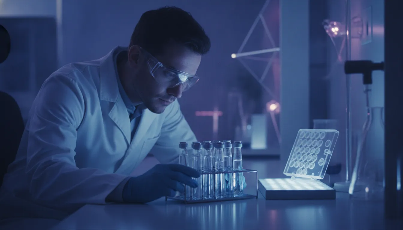 Researcher examining peptide assay samples beside a cell culture plate