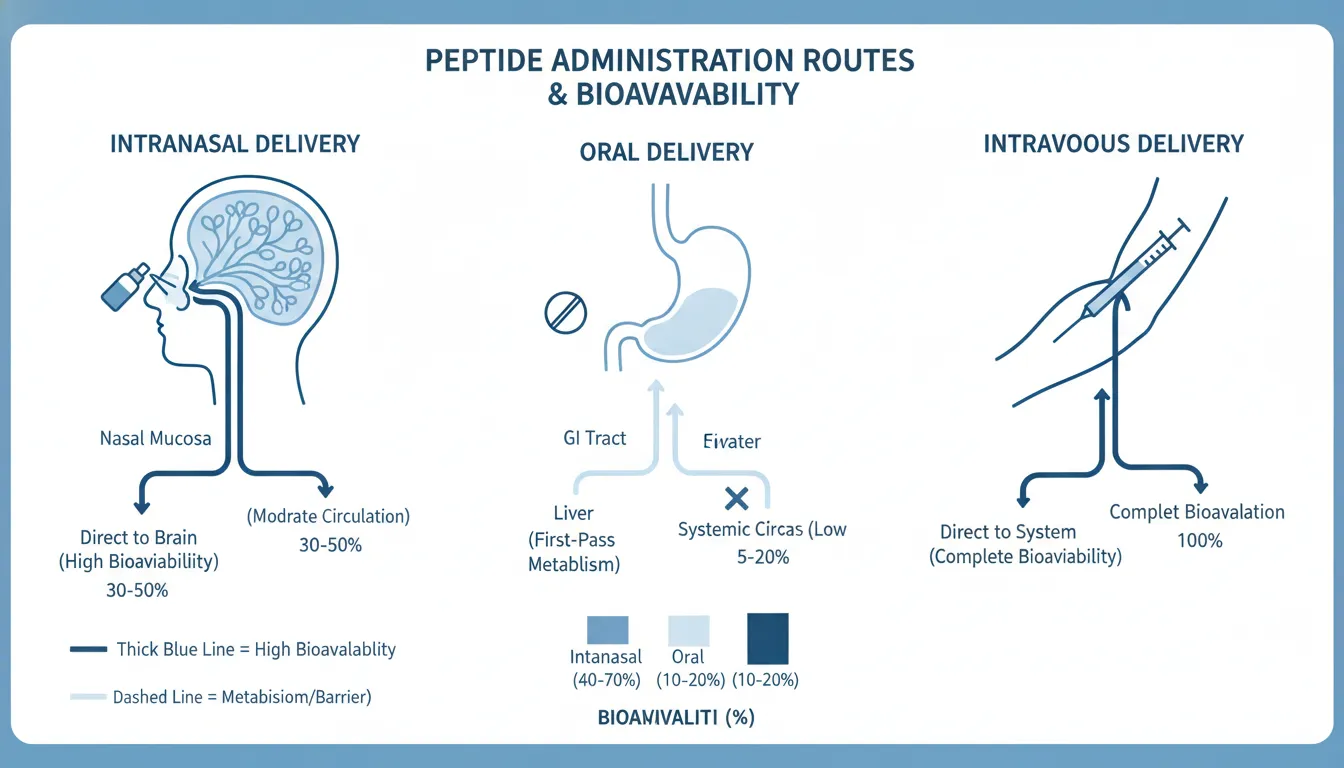 Comparative diagram of intranasal versus oral and intravenous peptide delivery routes showing bioavailability differences in research settings