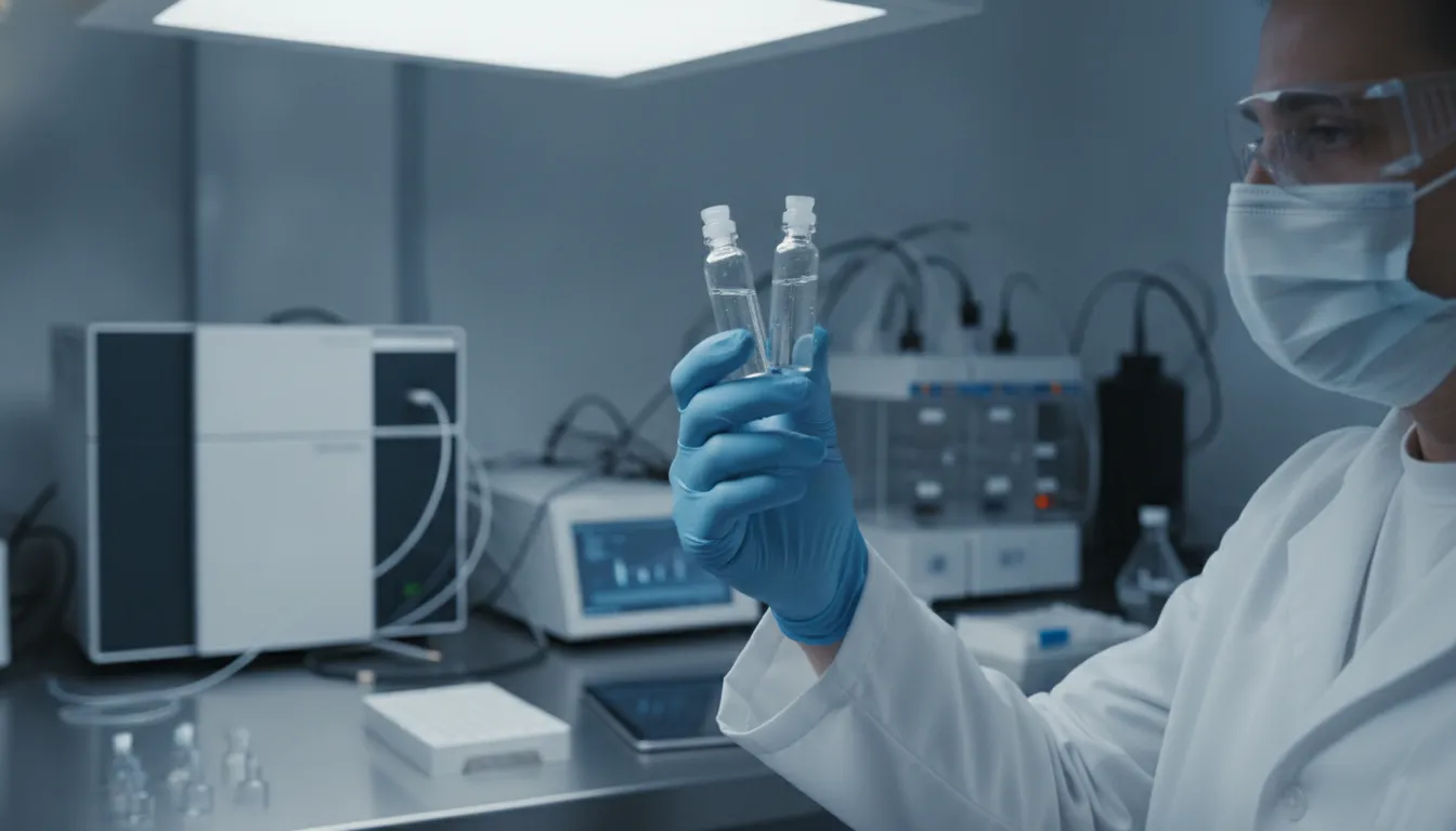 Laboratory analyst reviewing certified peptides chromatogram and mass spectrum