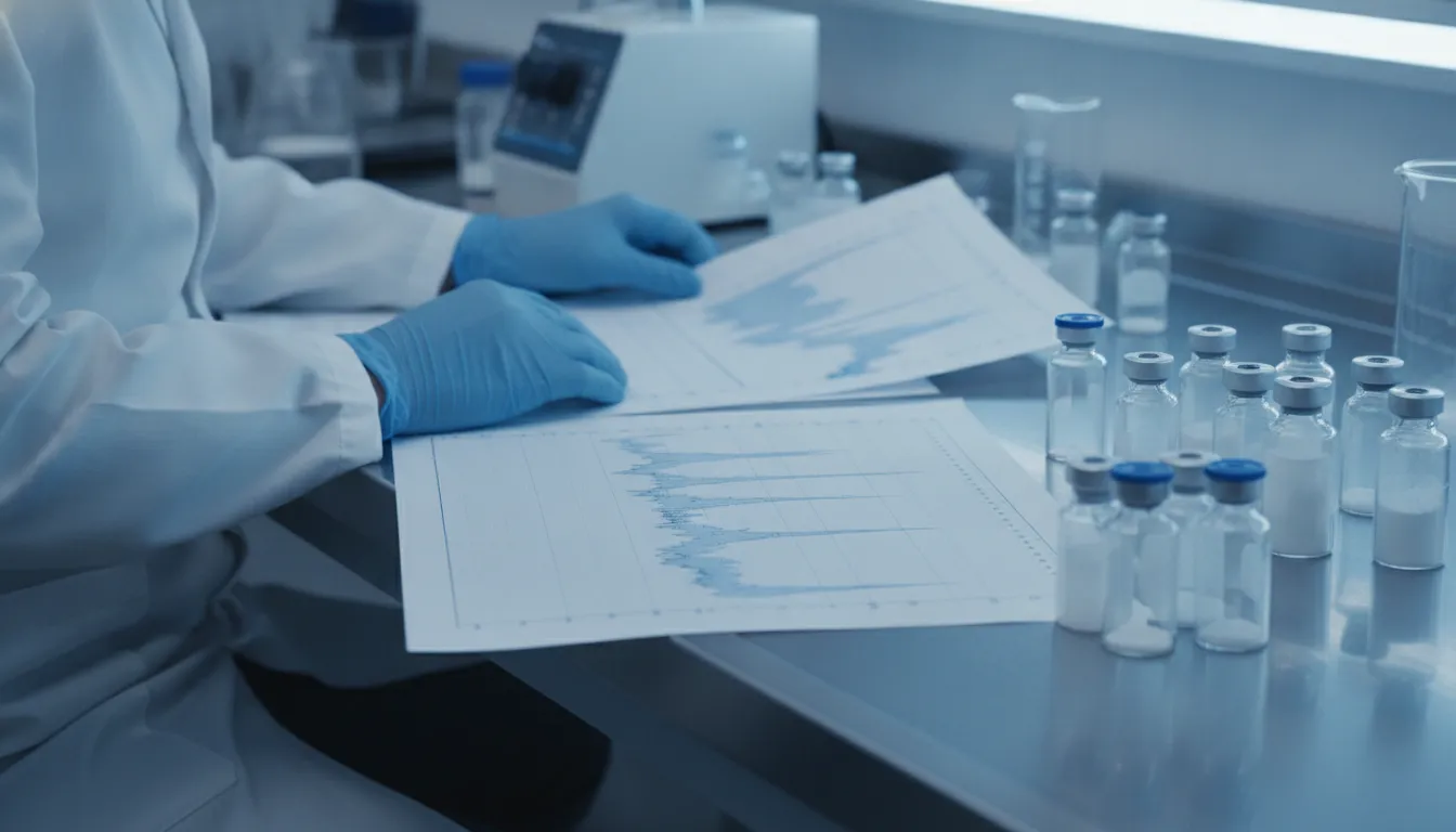Researcher reviewing CJC 1295 Ipamorelin laboratory documentation and analytical records