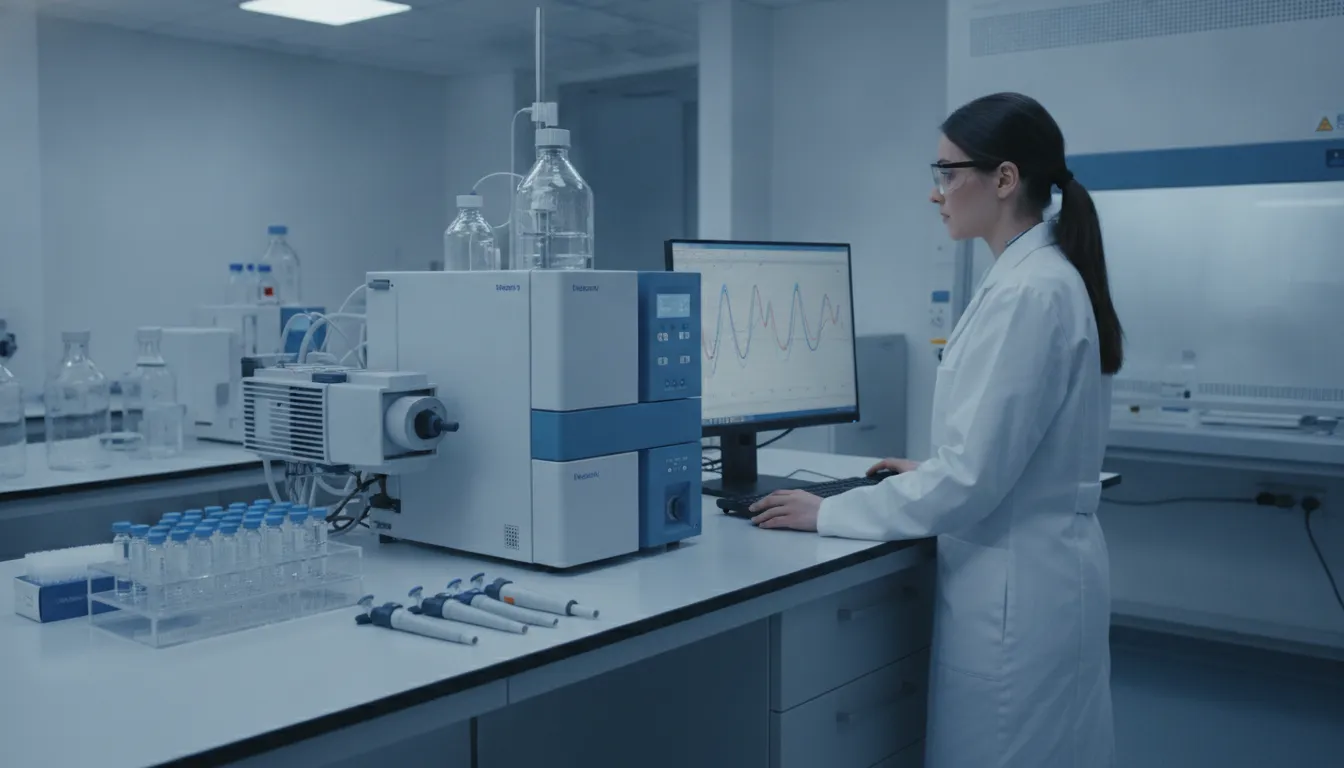 HPLC instrument evaluating samples when laboratories buy peptides online