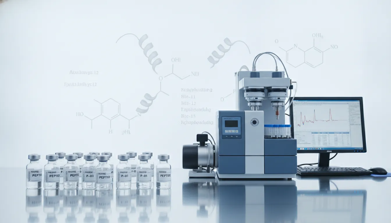 Scientific laboratory with HPLC analysis equipment and peptide research vials