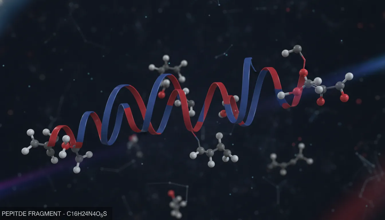3D molecular structure rendering of AOD-9604 peptide amino acid chain fragment