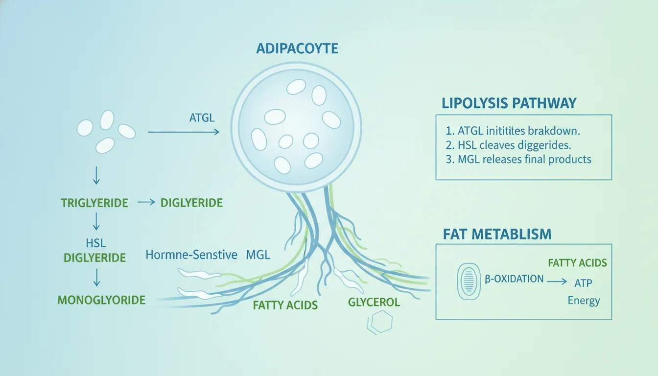 Scientific diagram of lipolysis pathway showing fat cell breakdown into fatty acids