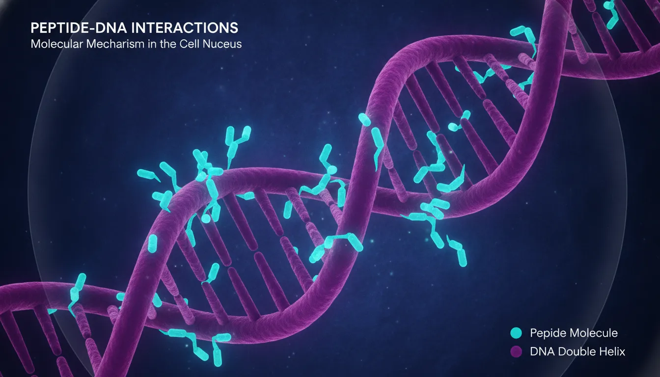 Scientific visualization of peptide molecules interacting with DNA in a cell nucleus representing molecular biology research