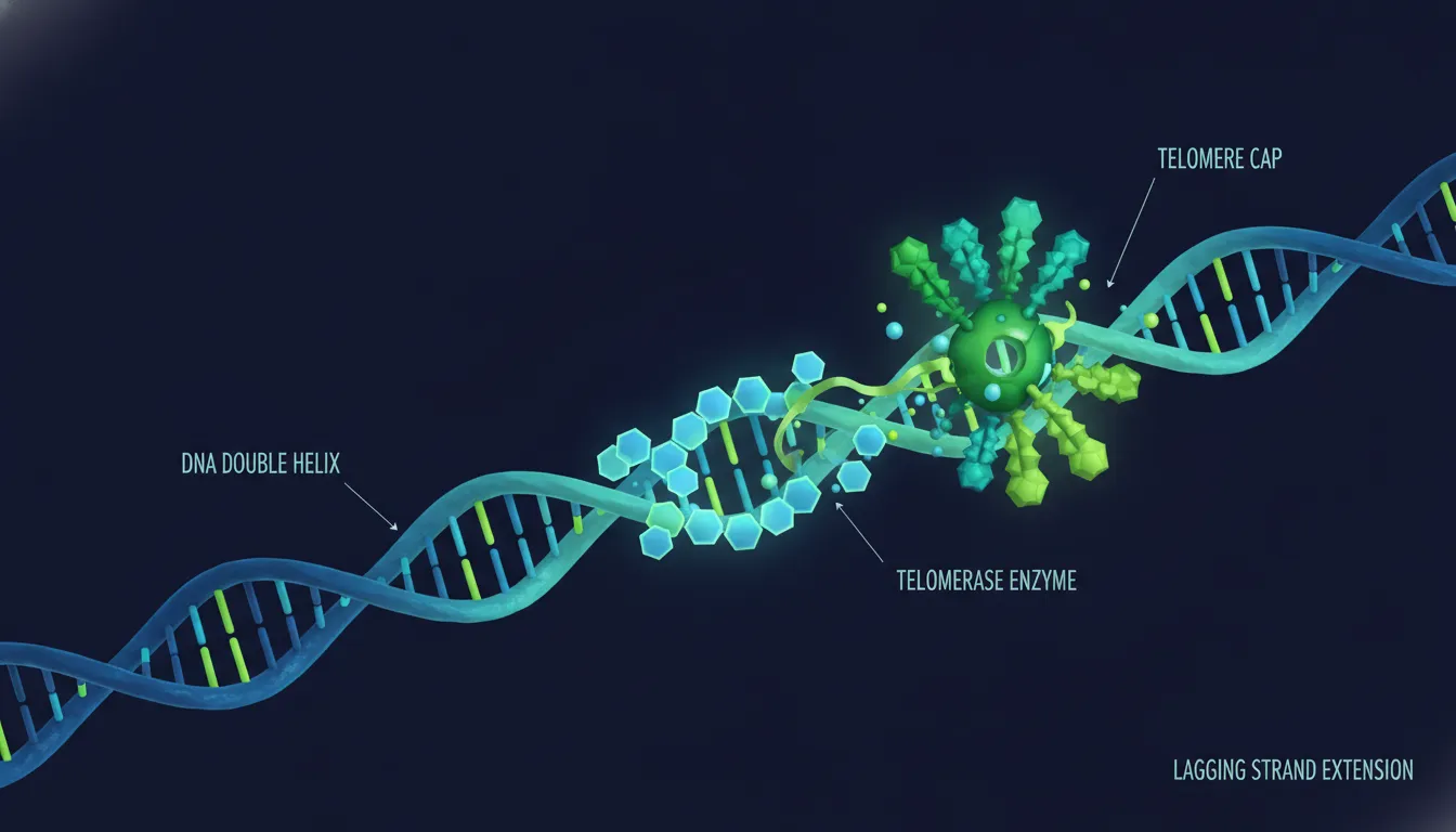 Molecular diagram illustrating telomere structures at chromosome ends with telomerase enzyme binding and elongation activity in laboratory research context