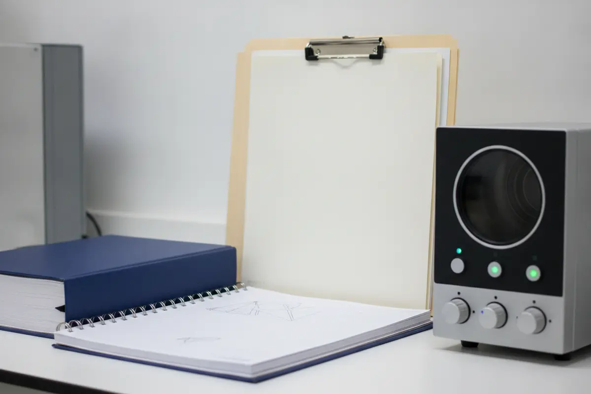 Laboratory notebook and batch documentation organized beside a research instrument