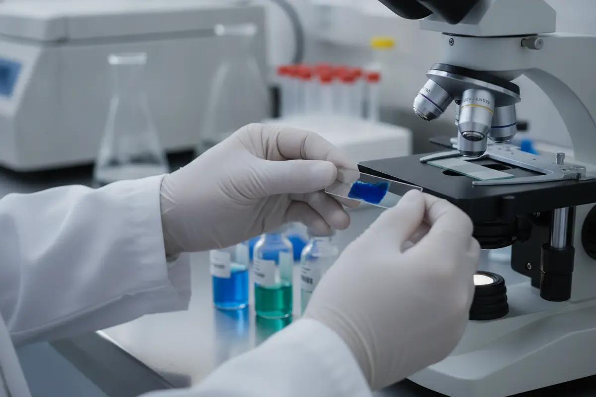 Methylene blue-stained slide prepared for laboratory microscopy