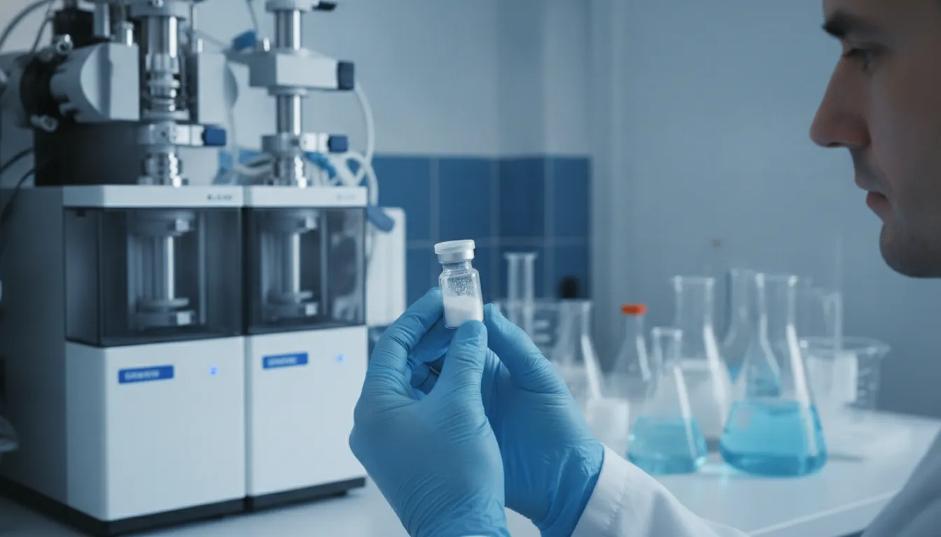 Researcher reviewing a MOTS-c peptide vial in a controlled laboratory