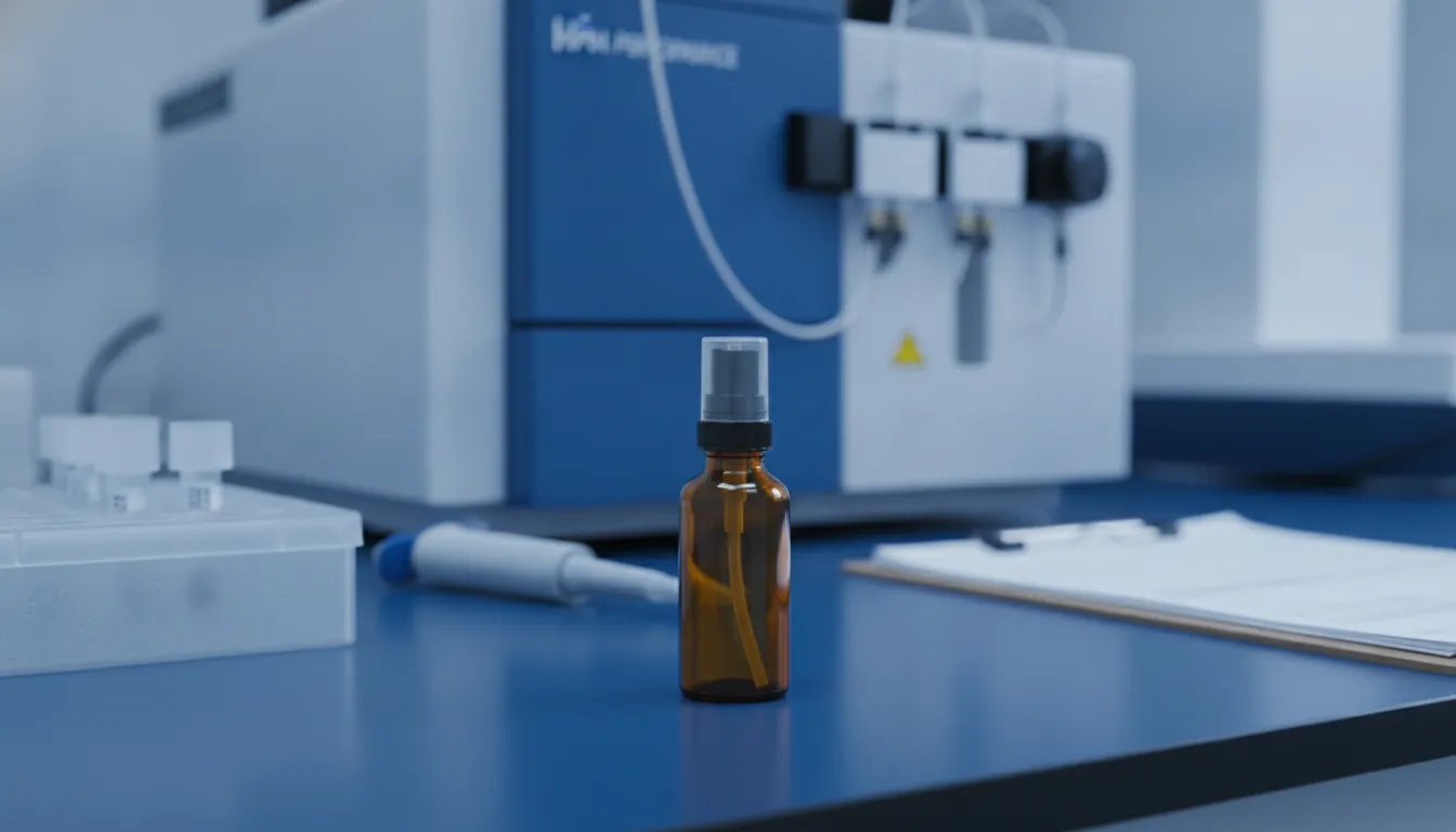 NAD nasal spray research vial beside laboratory quality-control equipment
