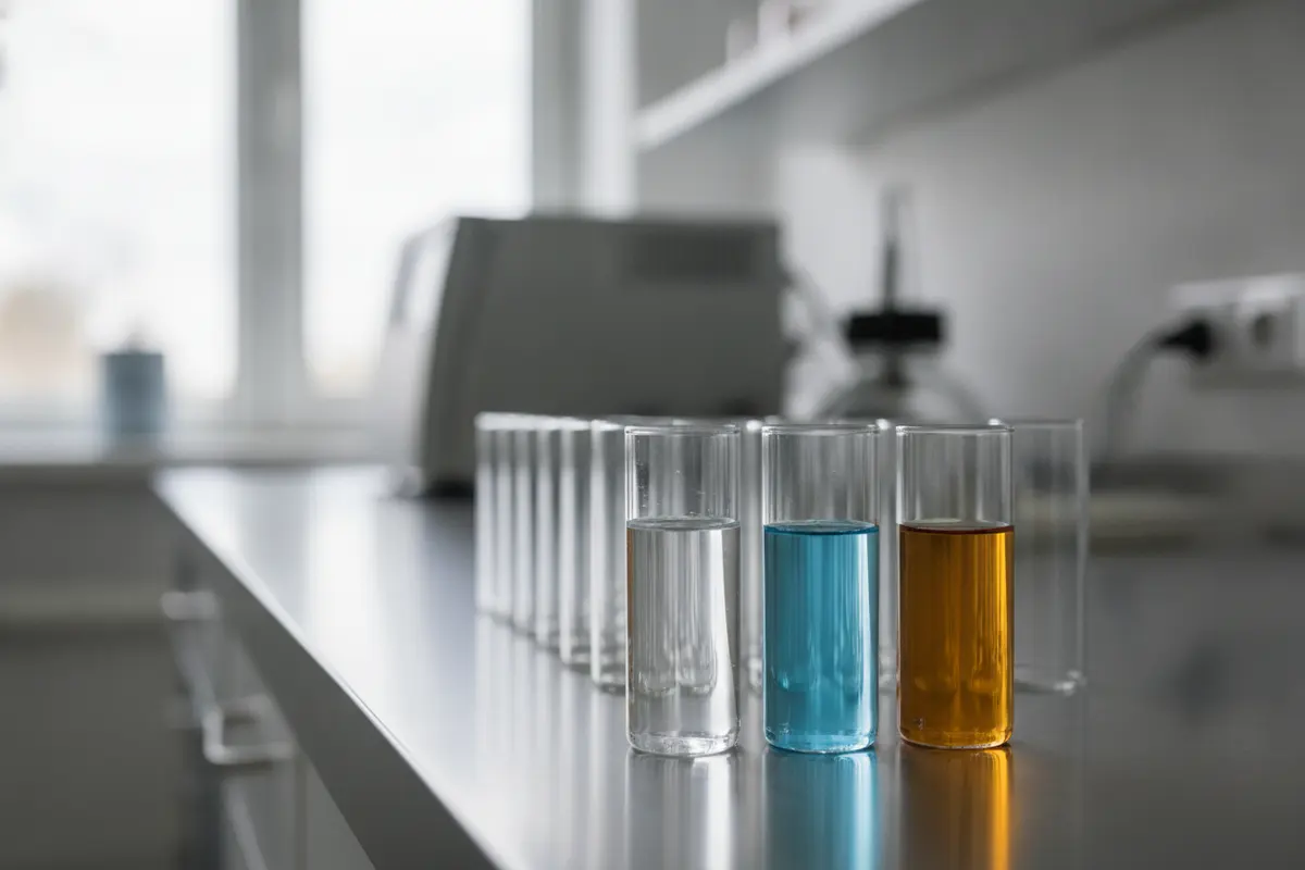 Organized blank, calibration, control, and replicate sample cuvettes on a laboratory bench