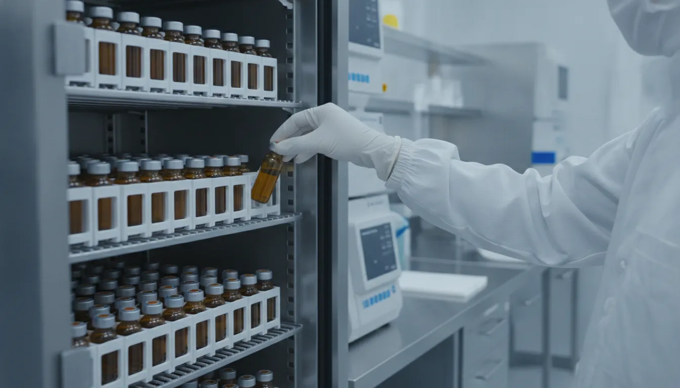 Organized peptide storage in a research laboratory cold-storage rack