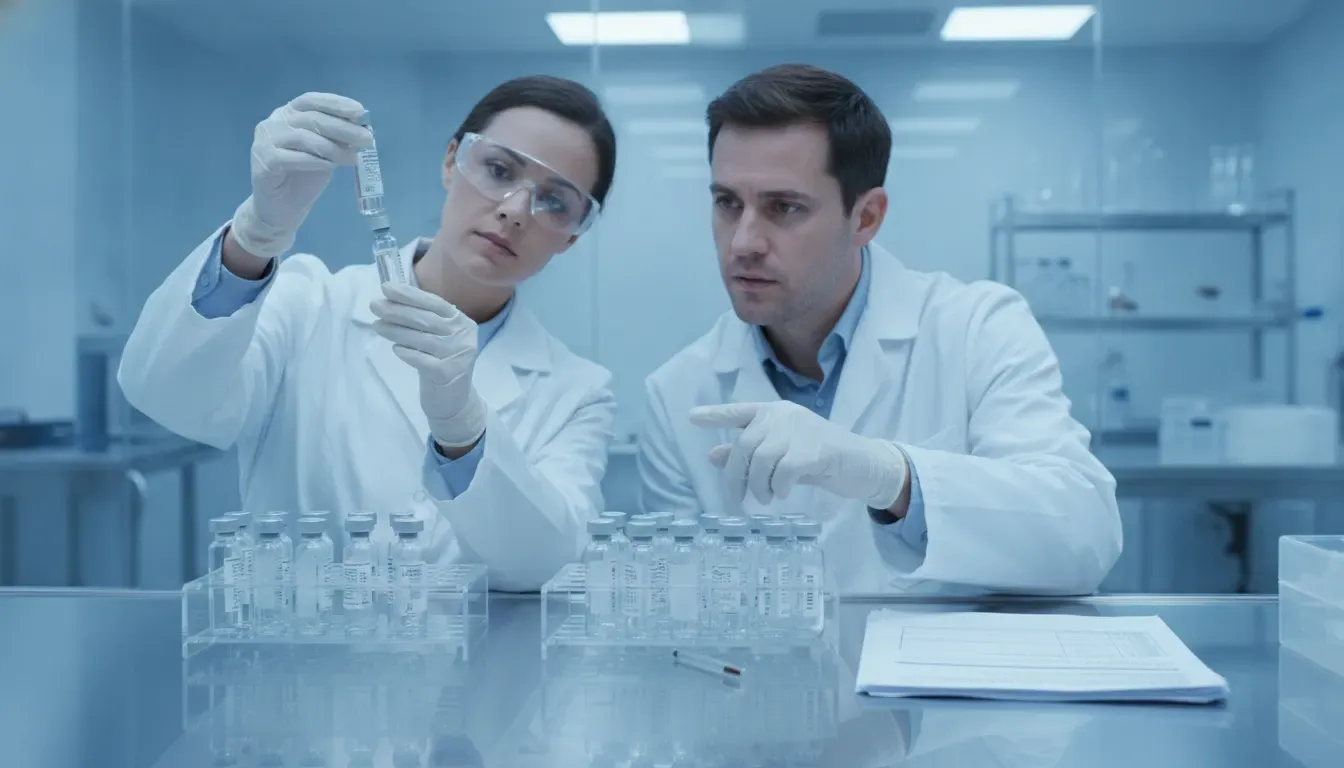 Laboratory team reviewing research vials and lot documentation