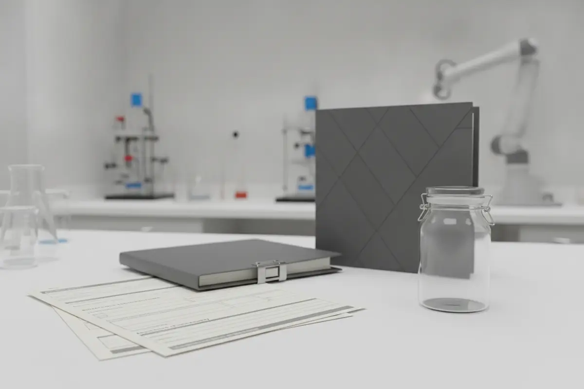 Research materials and records arranged to show a documented laboratory disposal workflow